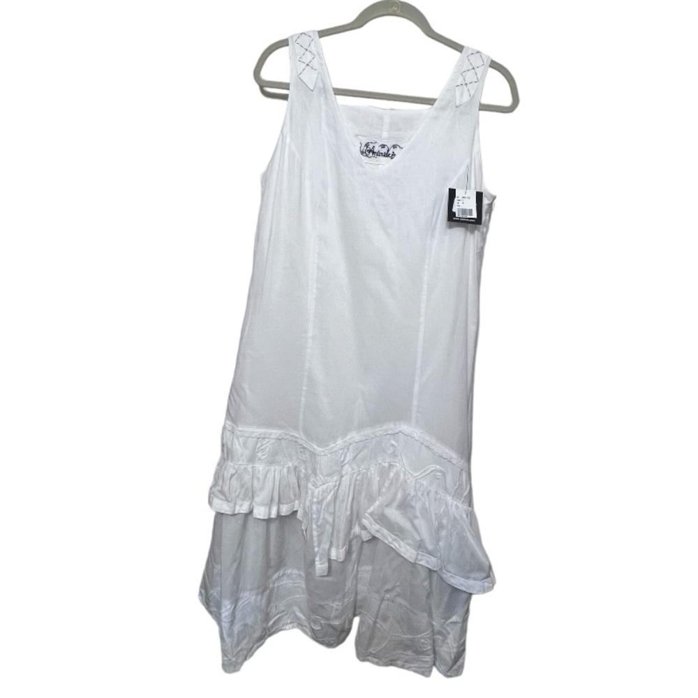 Animale by Jacques Ruc Lagenlook White Cotton V-neck Tank Dress Tiered Ruffle